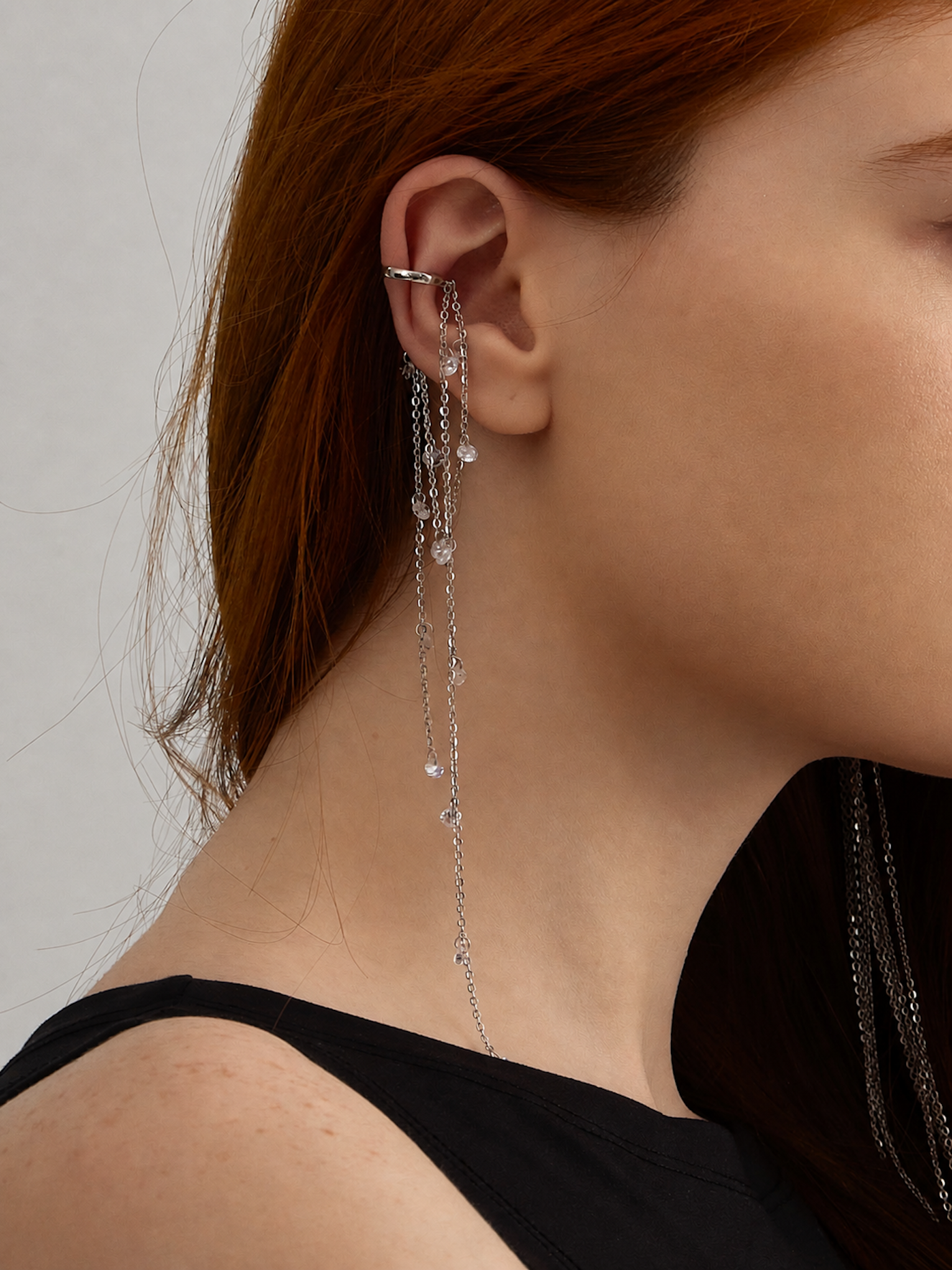 Taşlı Uzun Zincirli Earcuff
