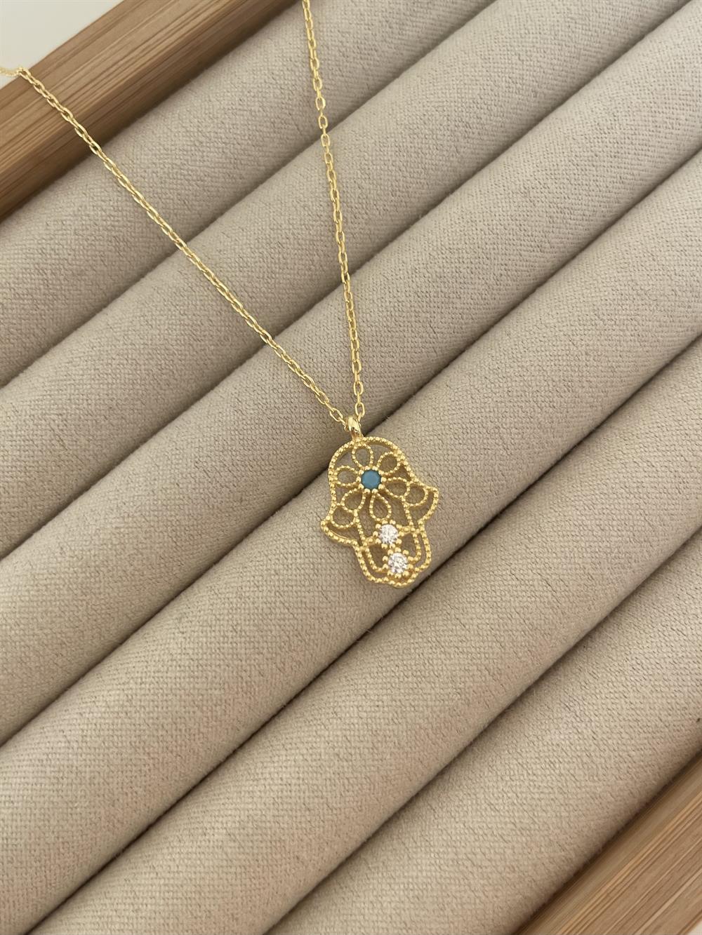 Mavi Taşlı Fatma Ana Eli Kolye