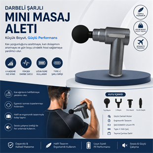 Darbeli Şarjlı Mini Masaj Aleti Type-C Şarjlı | 6 Kademeli | Sessiz | Sporcu Masaj Cihazı