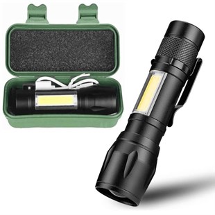 Şarjlı Mini El Feneri 2mod + Yan Led 3w Çakarlı