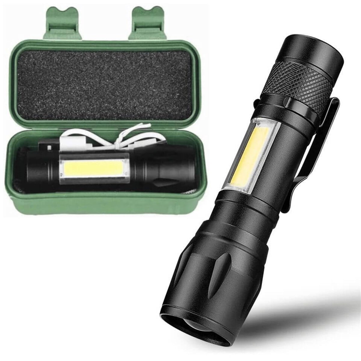 Şarjlı Mini El Feneri 2mod + Yan Led 3w Çakarlı