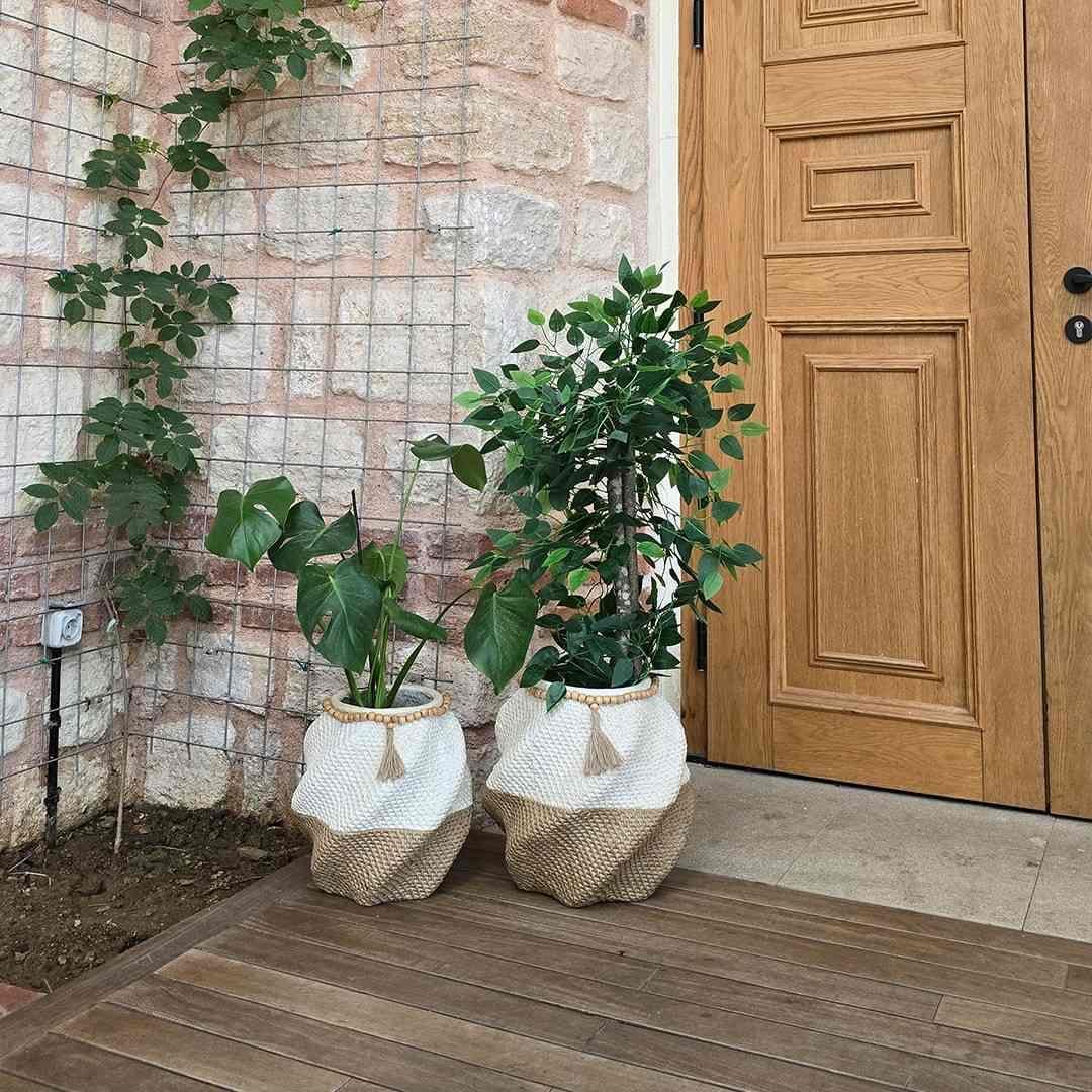 Hasır Dokulu Boncuk Dekorlu Vazo Saksı Set