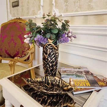 Dekoratif Kuşlu Vazo Tabak 2li Set Siyah Gold