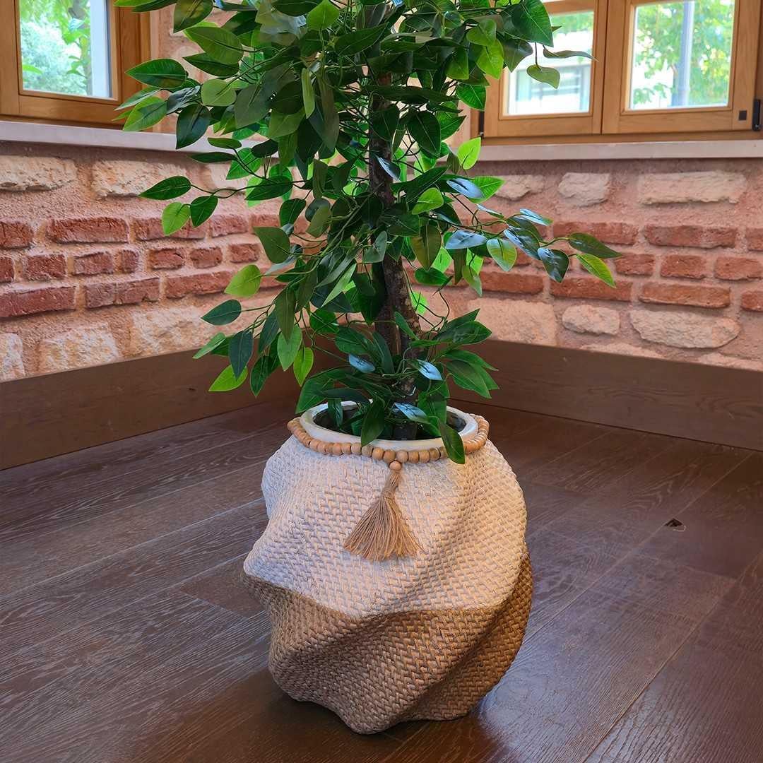 Büyük Hasır Dokulu Boncuk Dekorlu Vazo