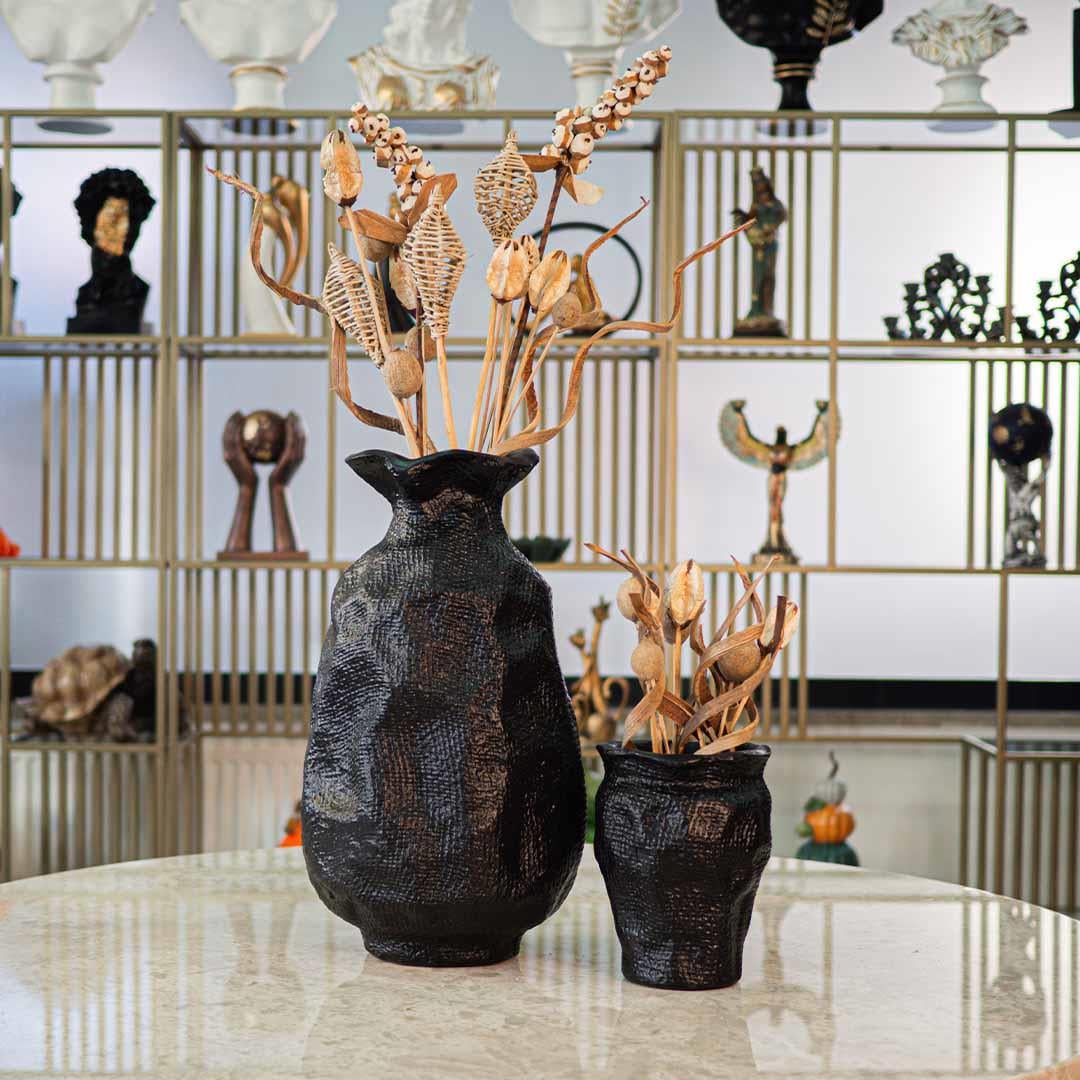 Dekoratif Dokulu Holbox Vazo Seti Siyah I Ella Sanat