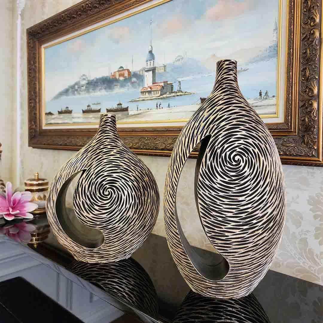 Desenli Vazo 2li Set Siyah Gold
