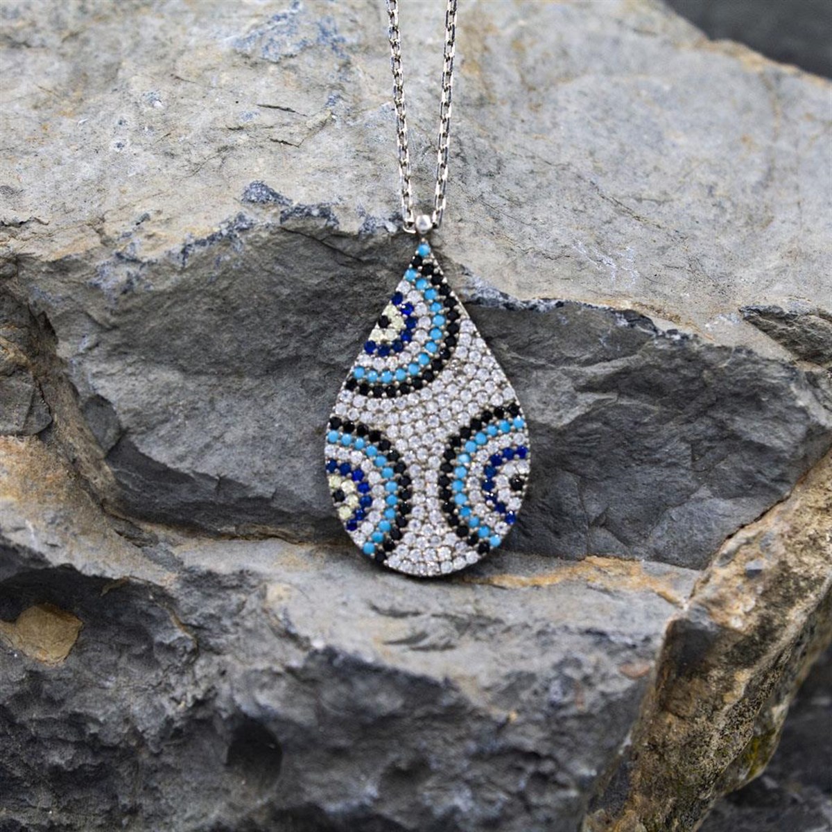 925 Ayar Gümüş Damla Model Nazar Boncuğu İşlemeli Kadın Kolye Enderşah