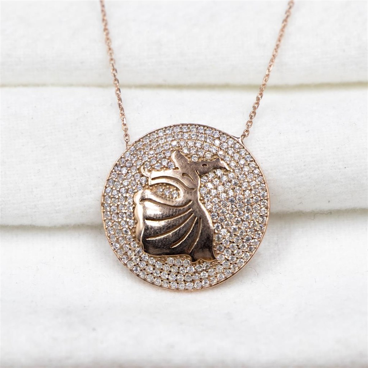 925 Ayar Gümüş Rose Gold Zirkon Taşlı Semazen Model Kadın Kolye Enderşah