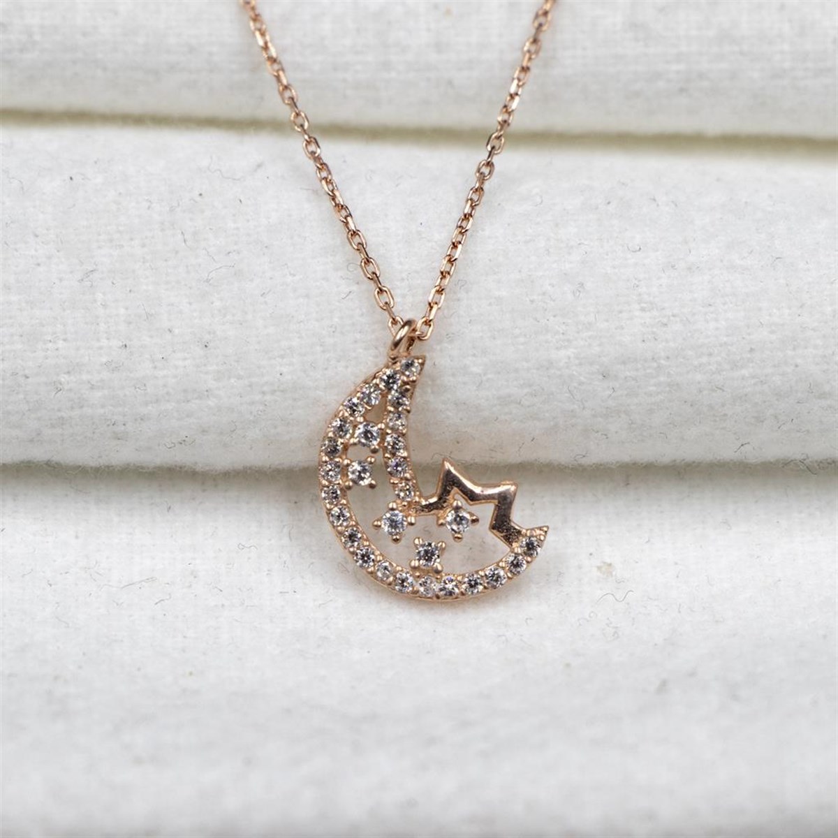 925 Ayar Gümüş Rose Gold Zirkon Taşlı Ay Figürlü Kadın Kolye Enderşah