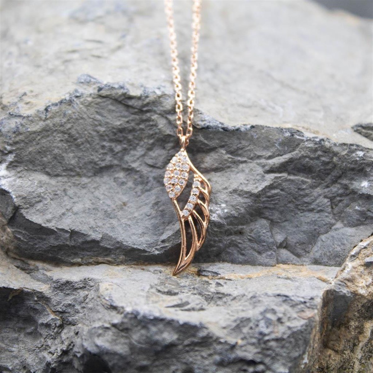 925 Ayar Gümüş Zirkon Taşlı Melek Kanadı Rose Gold Kadın Kolye Enderşah