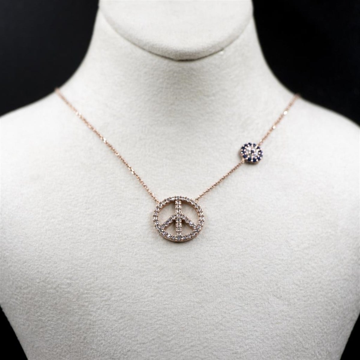 925 Ayar Gümüş Zirkon Taşlı Nazar Boncuklu Rose Gold Peace Sembollü Kadın Kolye Enderşah