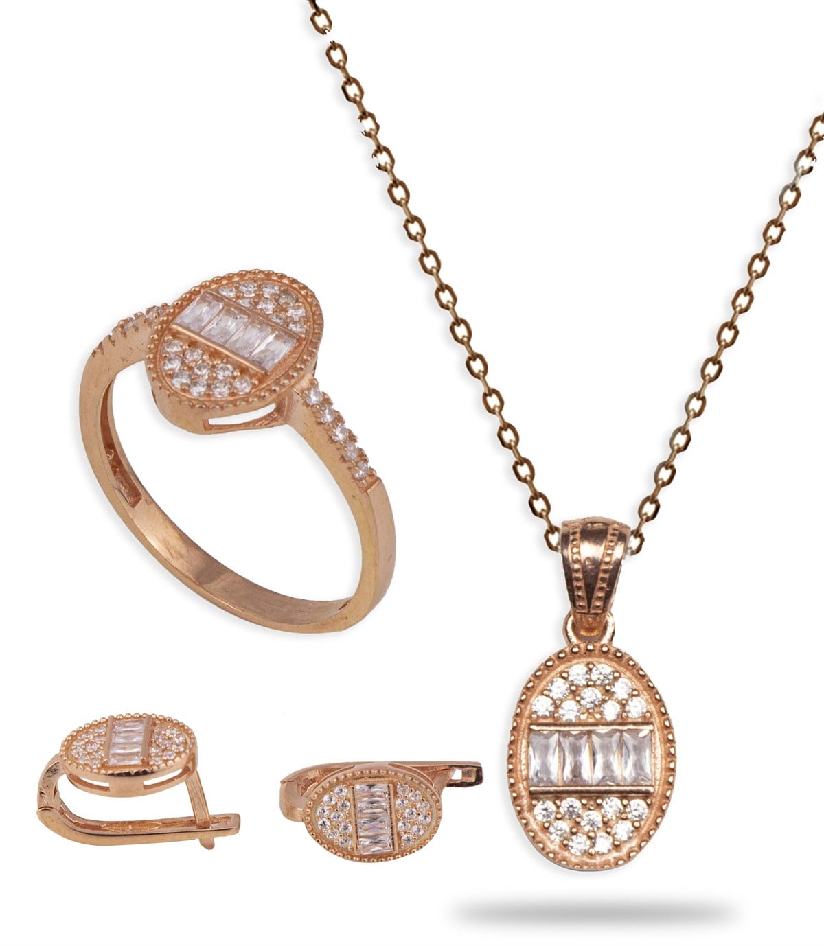 925 Ayar Oval Model Baget Taşlı Rose Gold Kadın Takı Seti Enderşah