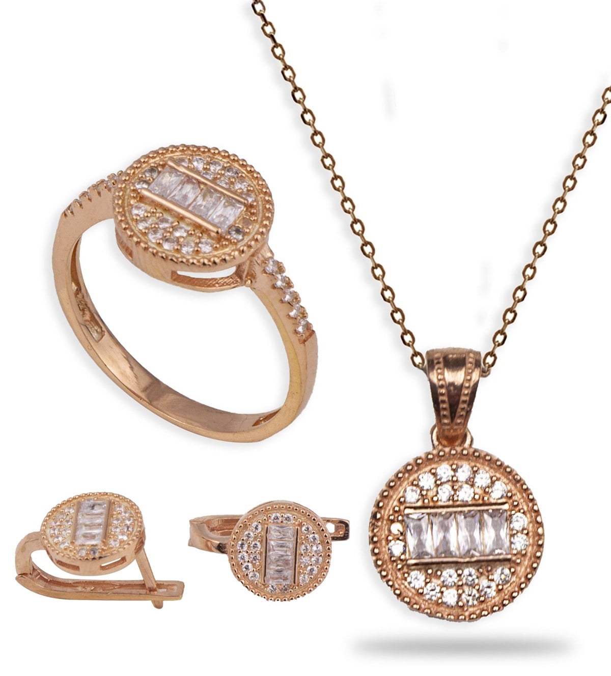 925 Ayar Yuvarlak Model Baget Taşlı Rose Gold Kadın Takı Seti Enderşah