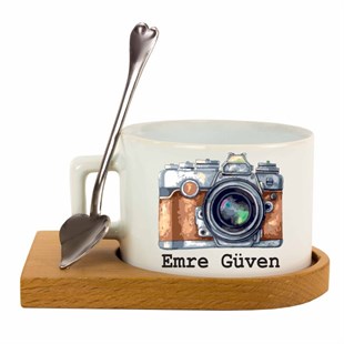İsme Özel Ahşap Tepsili Kahve Çay Fincanı Seti -  Fotoğraf Makinesi