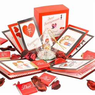 Sevgiliye Özel Üfleme Cam İçerisinde Işıklı Melek ve Çikolata Dolu Patlayan Kutu Seti