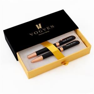 Vogven Marka İsme Özel Premium Siyah-Bakır Roller ve Tükenmez Kalem Seti
