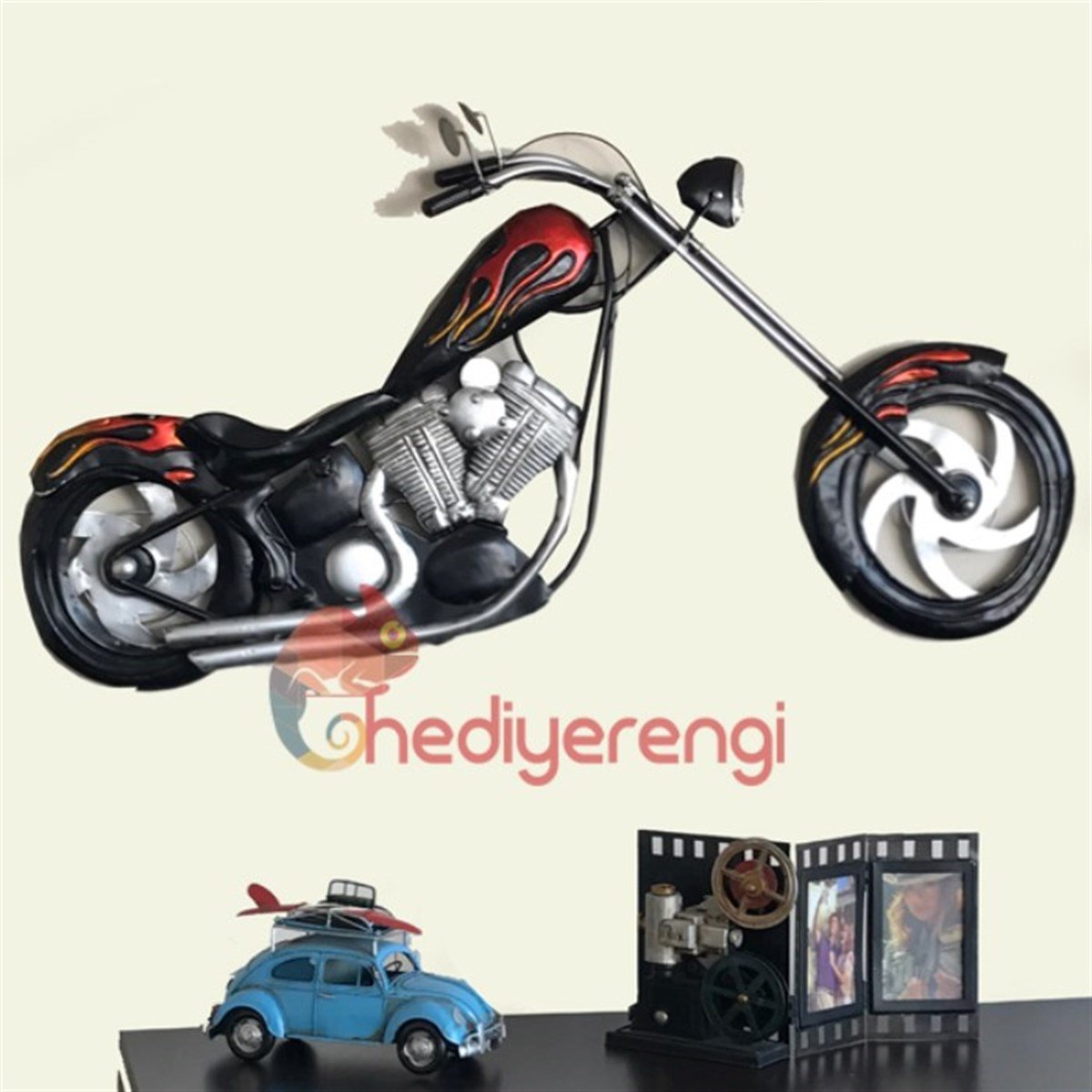 Dev Boyutlu Metal Kabartmalı Klasik Motorsiklet Duvar Panosu Siyah