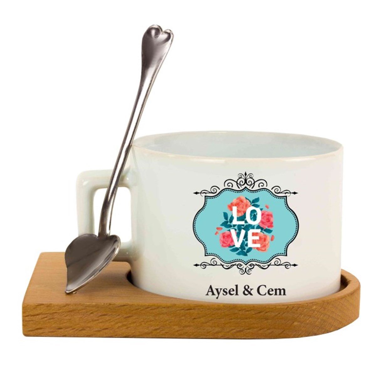 İsme Özel Ahşap Tepsili Kahve Çay Fincanı Seti - Çerçeveli Love 