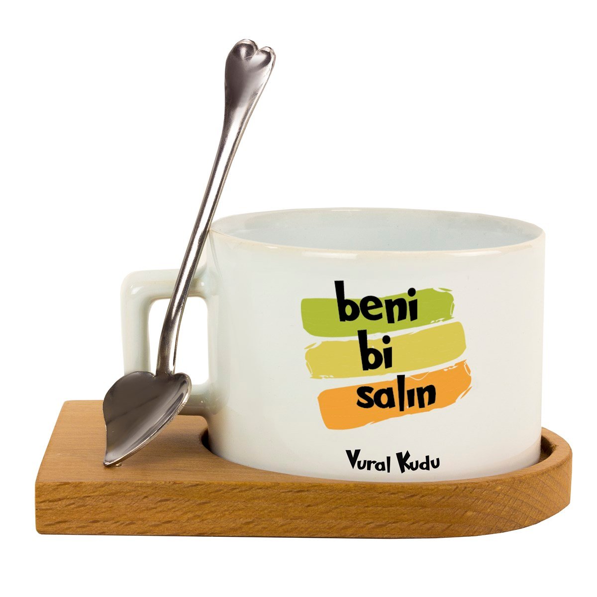İsme Özel Beni Bi Salın Temalı Ahşap Tepsili Kahve Çay Fincanı Seti