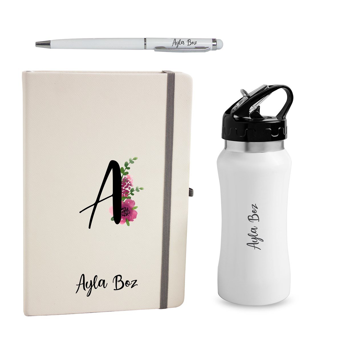 İsme Özel Beyaz Defter Matara ve Kalem Lüx Hediye Seti 500 ml - Desen3