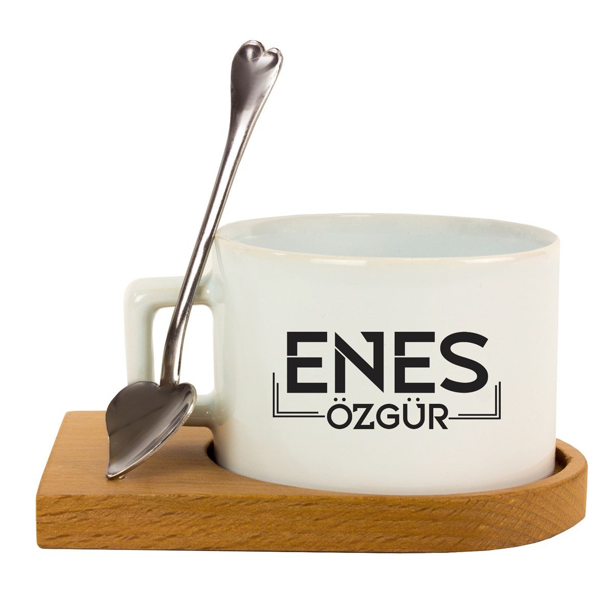 İsme Özel Çizgi Çerçeveli Ahşap Tepsili Çay Fincanı Seti