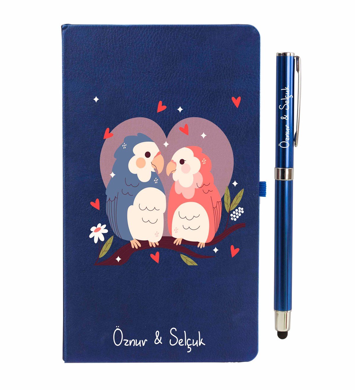 İsme Özel Defter Kalem Seti  Lacivert-Birds Tasarımlı