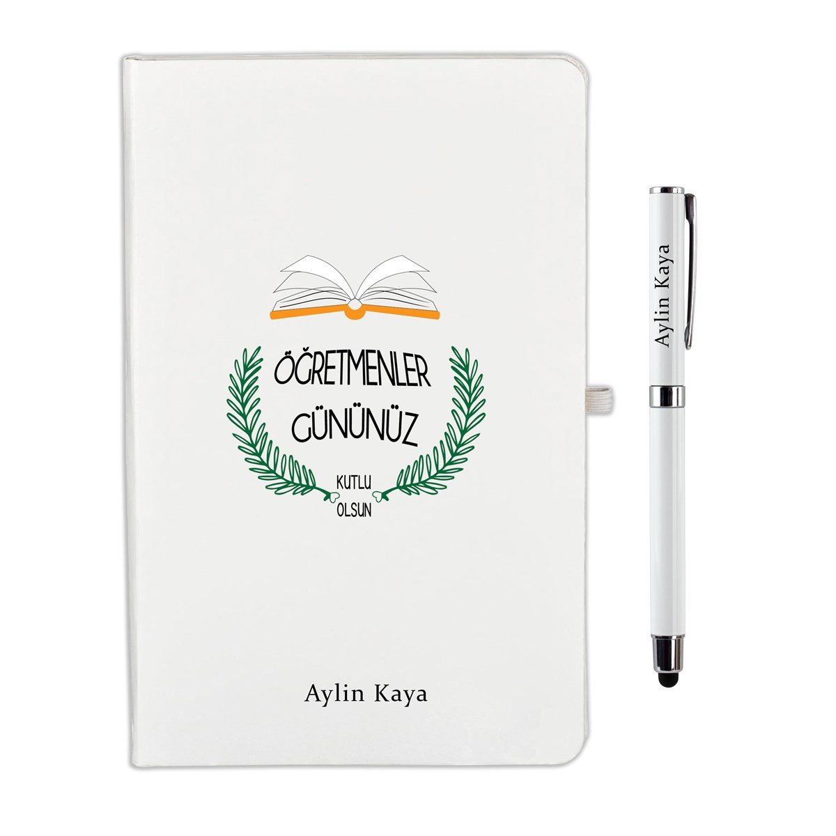 İsme Özel Defter Kalem Seti Beyaz-Kitaplı Çiçekli