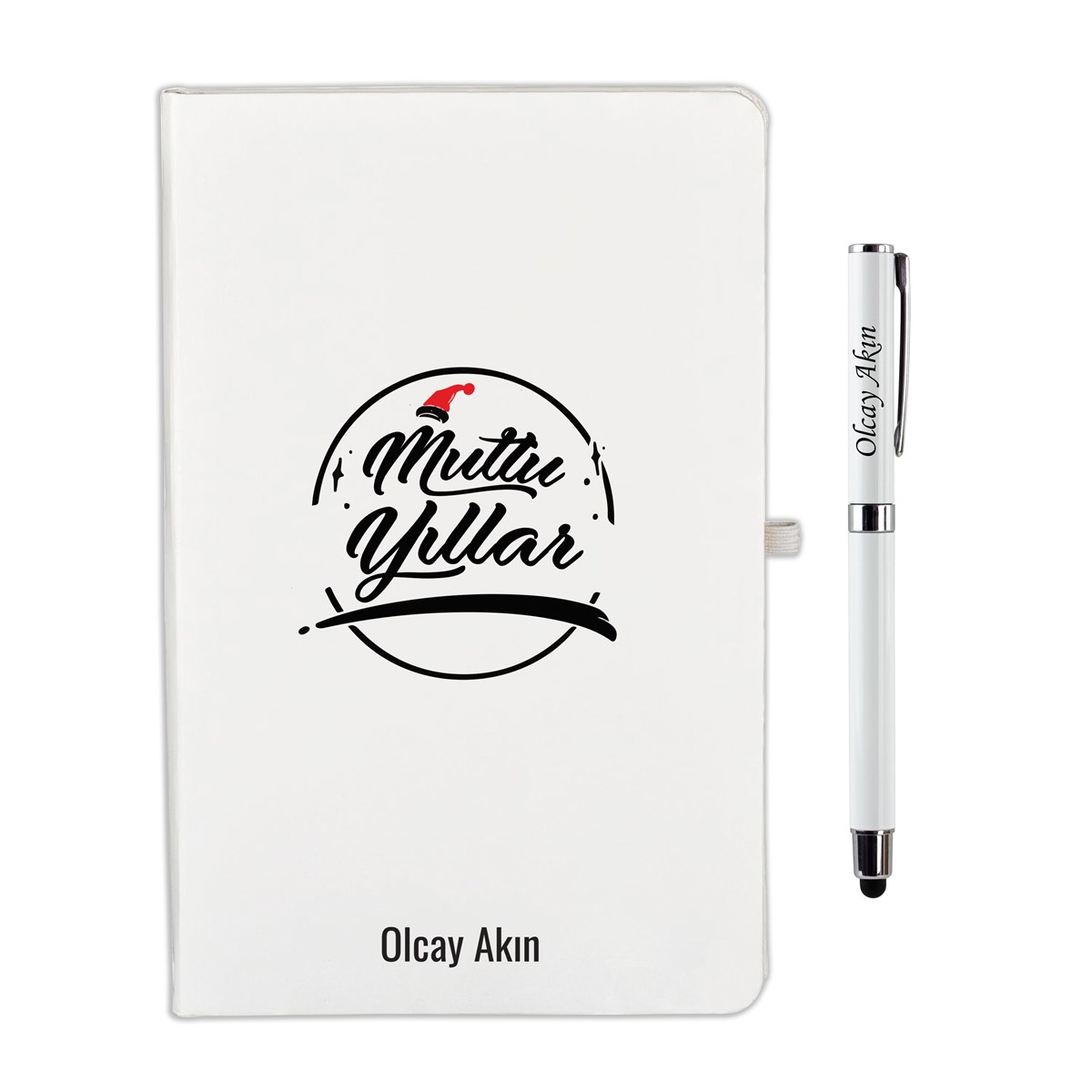 İsme Özel Defter Kalem Seti Beyaz-Mutlu Yıllar Temalı
