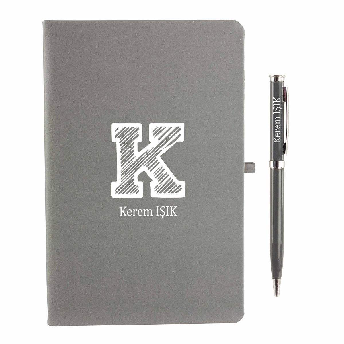 İsme Özel Defter Kalem Seti Gri - Büyük Harf