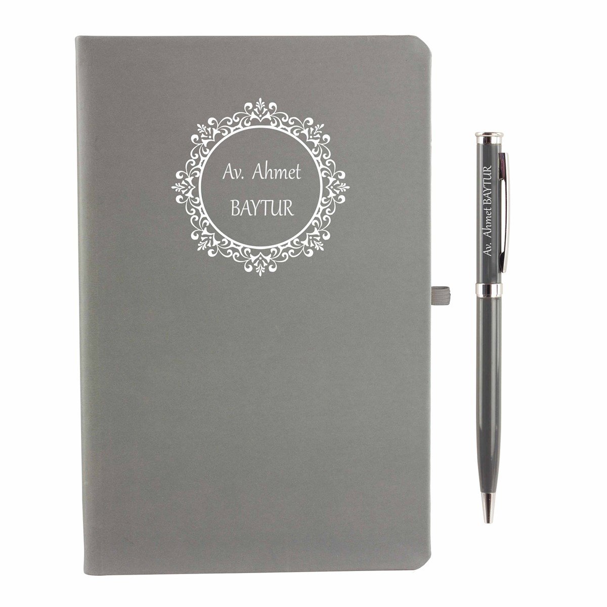 İsme Özel Defter Kalem Seti Gri - Çiçekli Çerçeve