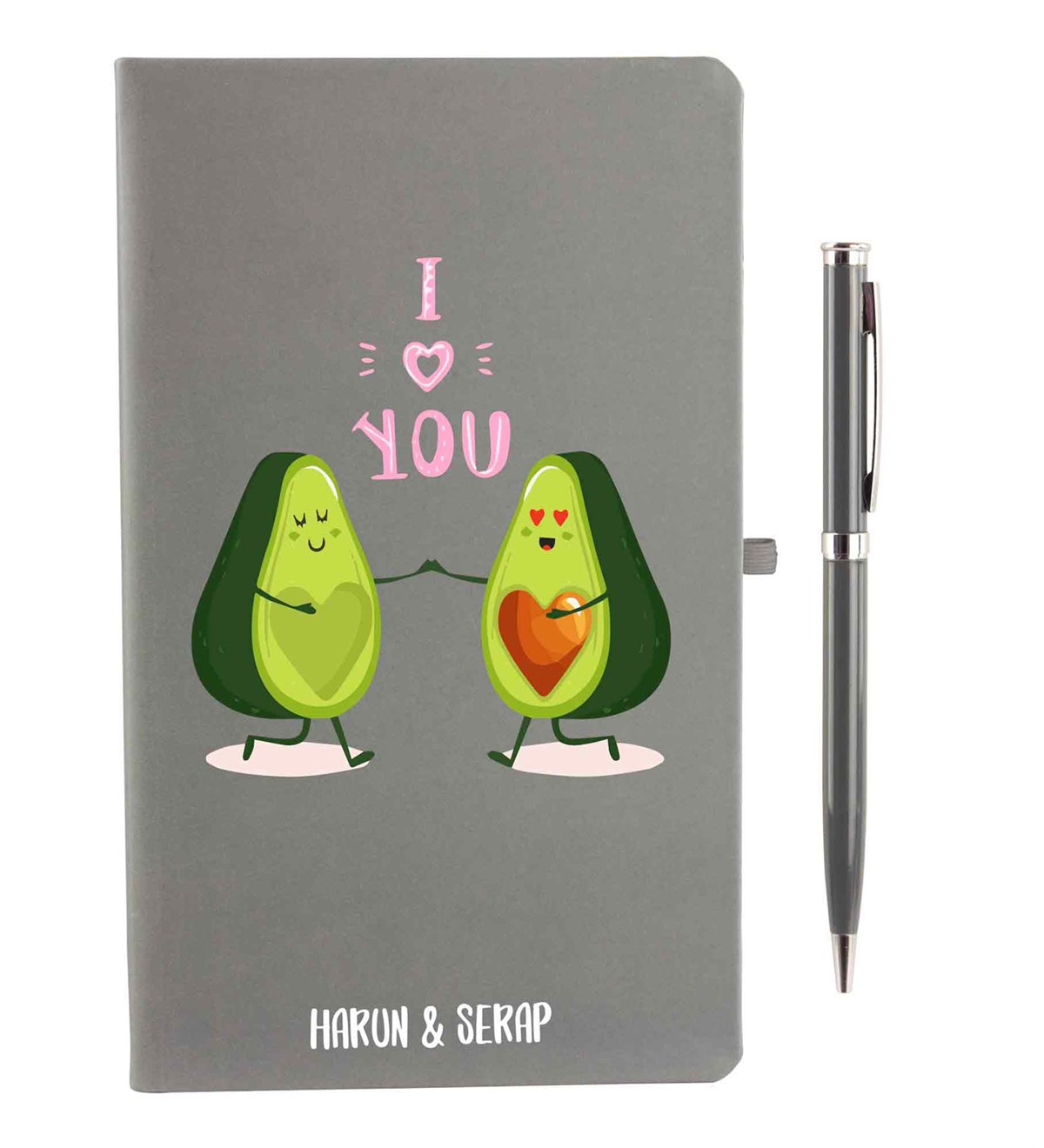 İsme Özel Defter Kalem Seti Gri-I Love You Avakado