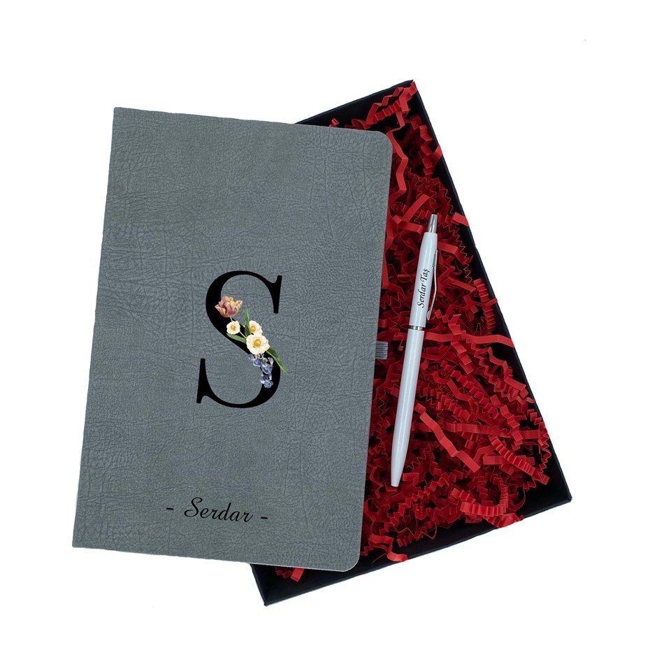İsme Özel Defter Kalem Seti Hediye Kutusu - Çiçekli Harf