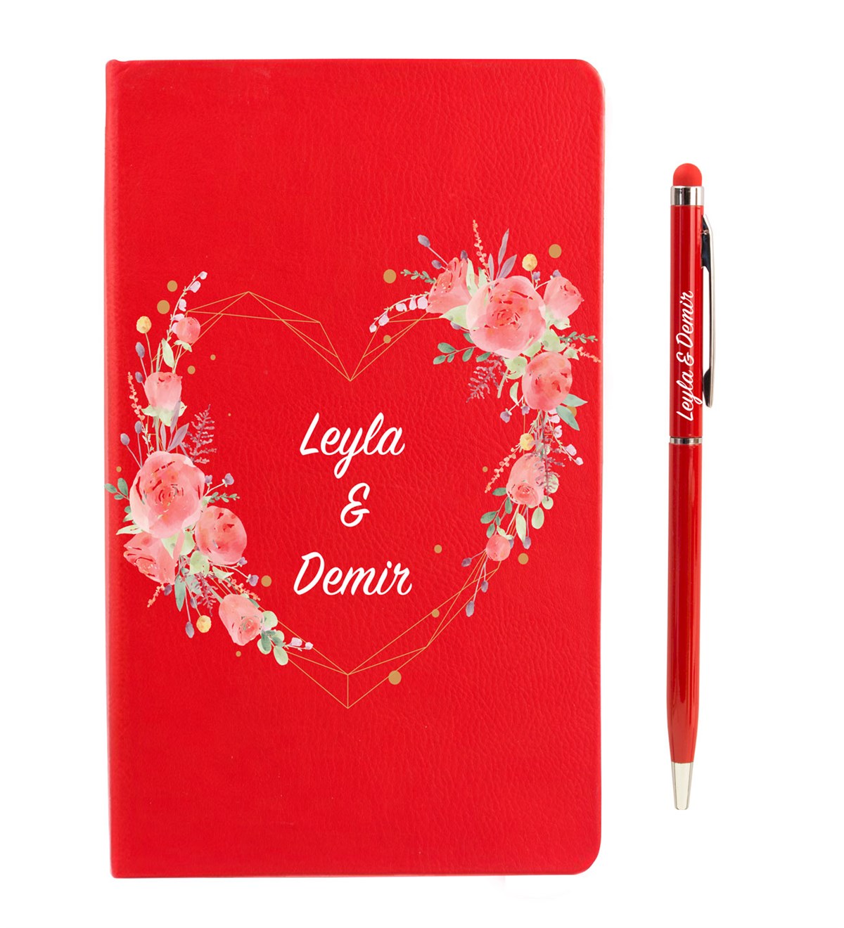 İsme Özel Defter Kalem Seti Kırmızı - Gül Çerçeve Temalı