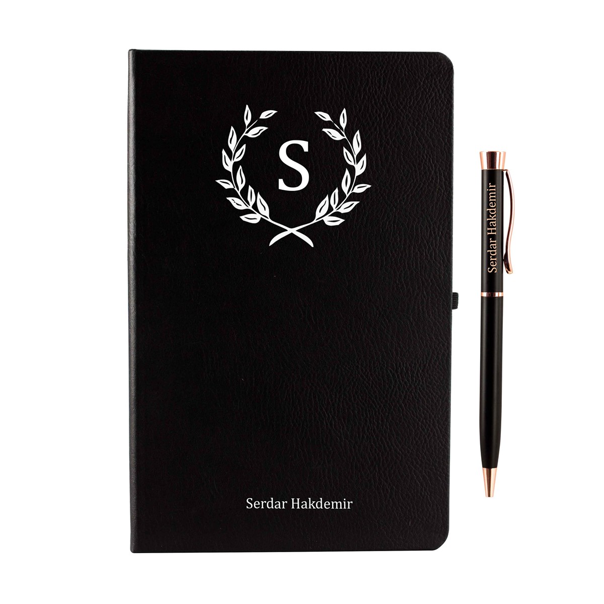 İsme Özel Defter Kalem Seti Siyah - Yapraklı Harf