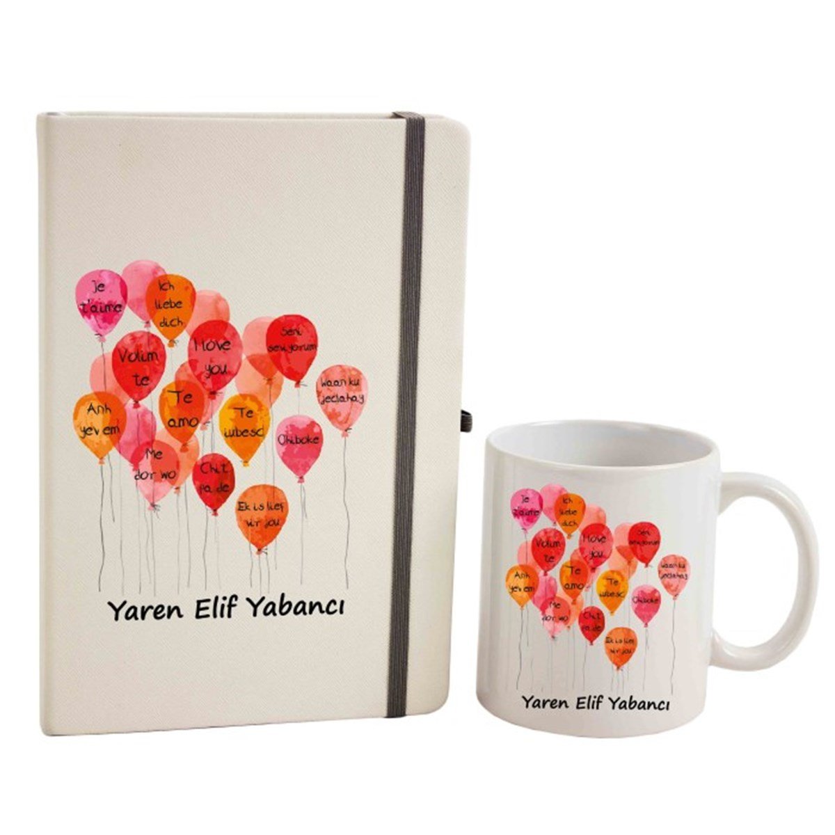 İsme Özel Defter ve Kupa Bardak Seti - Seni Seviyorum Kalpli Balonlar