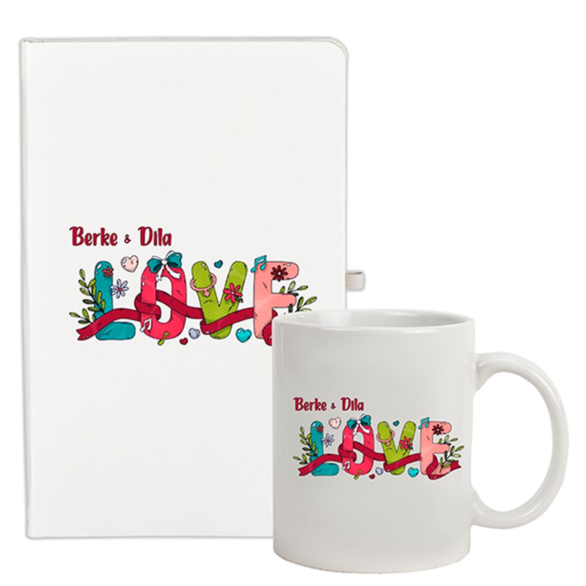 İsme Özel Defter ve Kupa Bardak Seti - Çiçekli Love Temalı