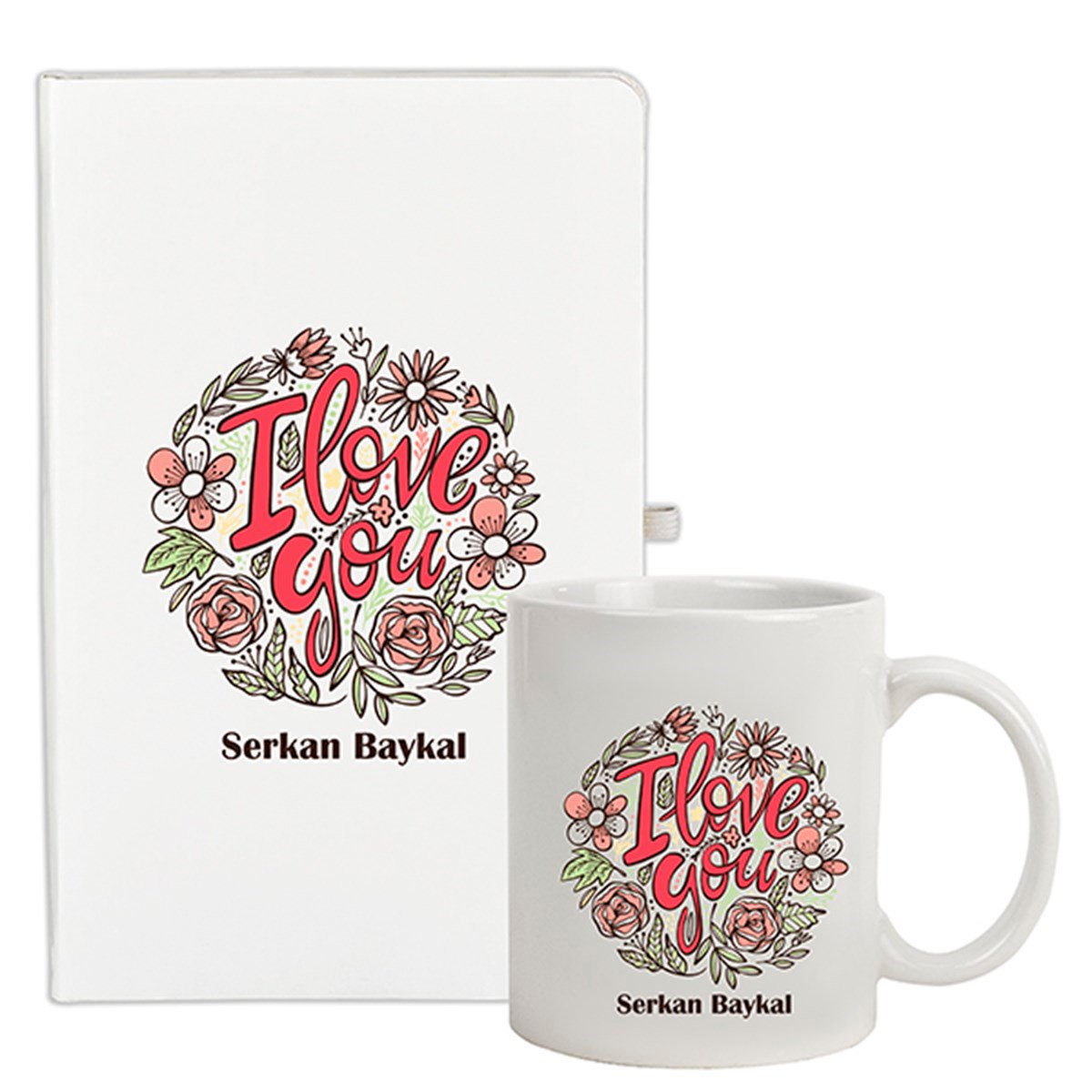 İsme Özel Defter ve Kupa Bardak Seti - Çiçek Detaylı I Love You Baskılı