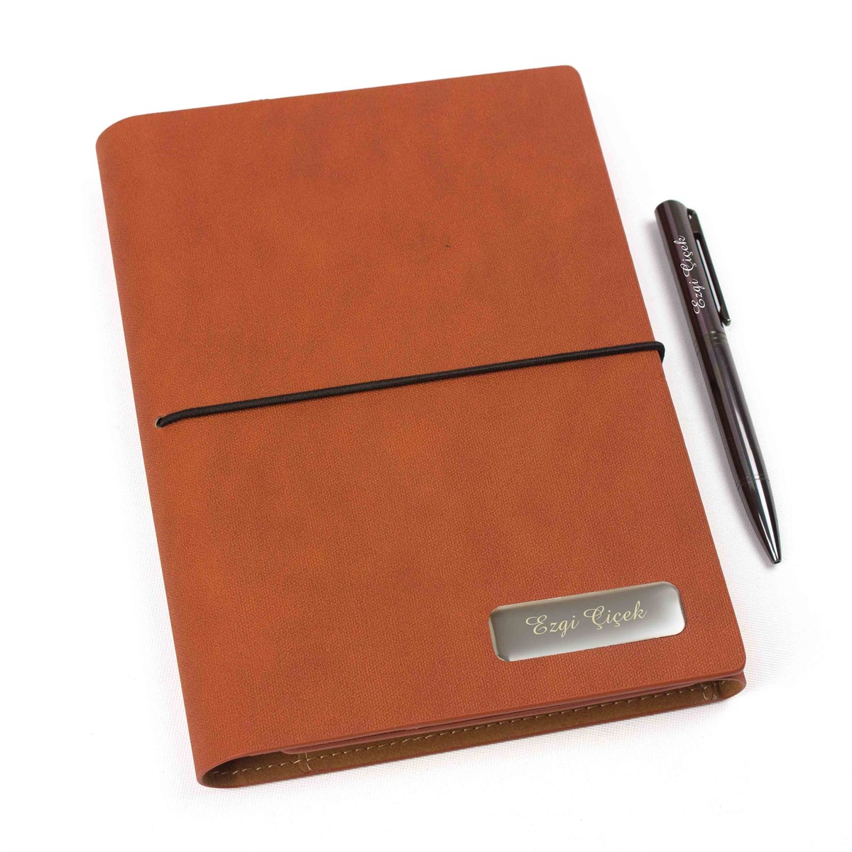 İsme Özel Deri Kapaklı Organizerli Defter ve Kalem Seti Taba