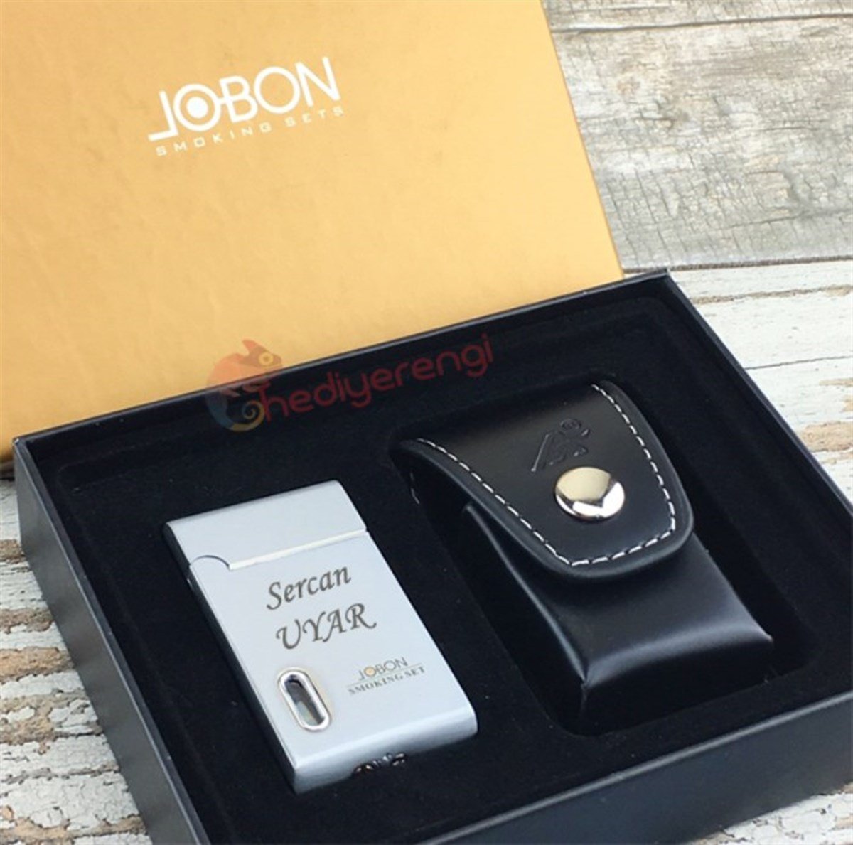 İsme Özel Deri Kılıflı Metal Jobon Çakmak Gümüş Renk