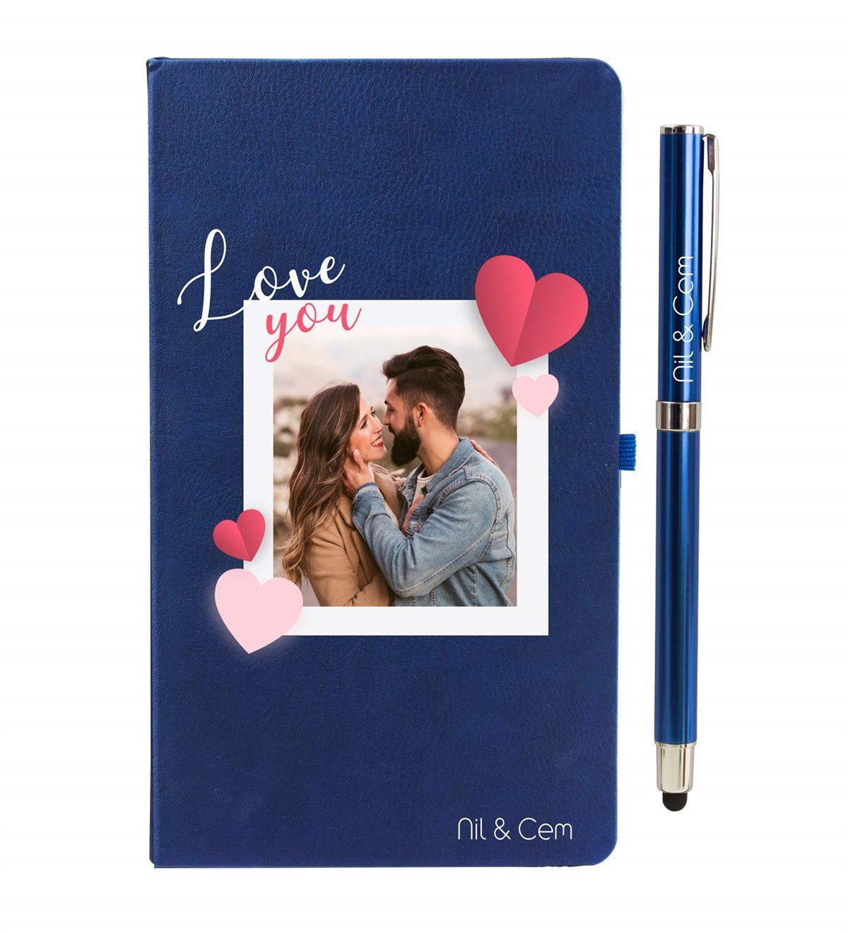 İsme Özel Fotoğraf Baskılı Defter Kalem Seti Lacivert - Love You Temalı