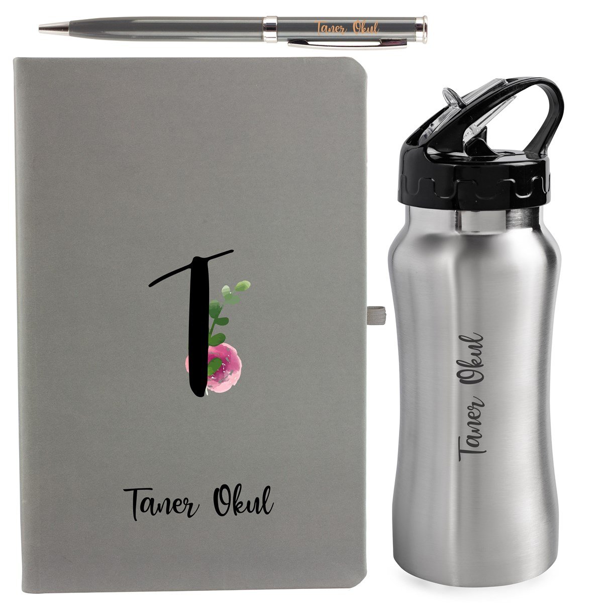 İsme Özel Gri Defter Matara ve Kalem Lüx Hediye Seti 500 ml - Desen3