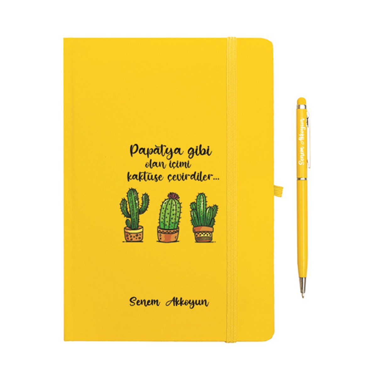 İsme Özel Kaktüs Temalı Defter ve Kalem Seti - Sarı