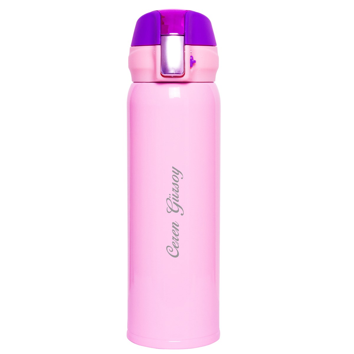 İsme Özel Kilitli  Kapaklı Lüx Çelik Termos 500 ML - Pembe M1