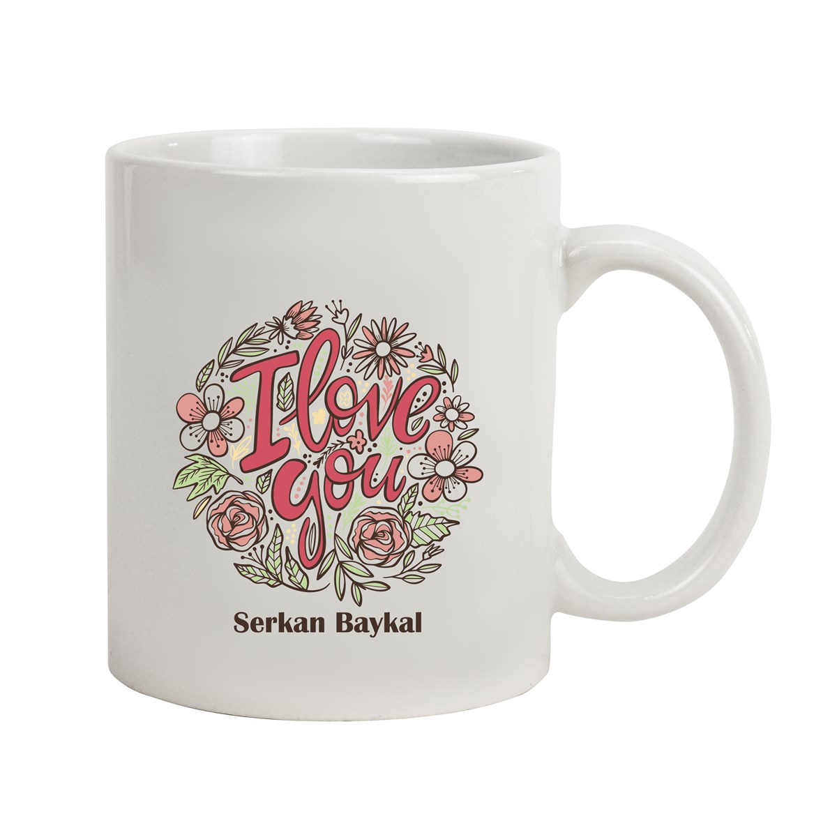 İsme Özel Kupa Bardak - Çiçek Detaylı I Love You Baskılı