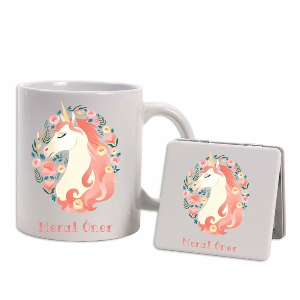 İsme Özel Kupa Bardak ve Ayna Seti - Unicorn M2