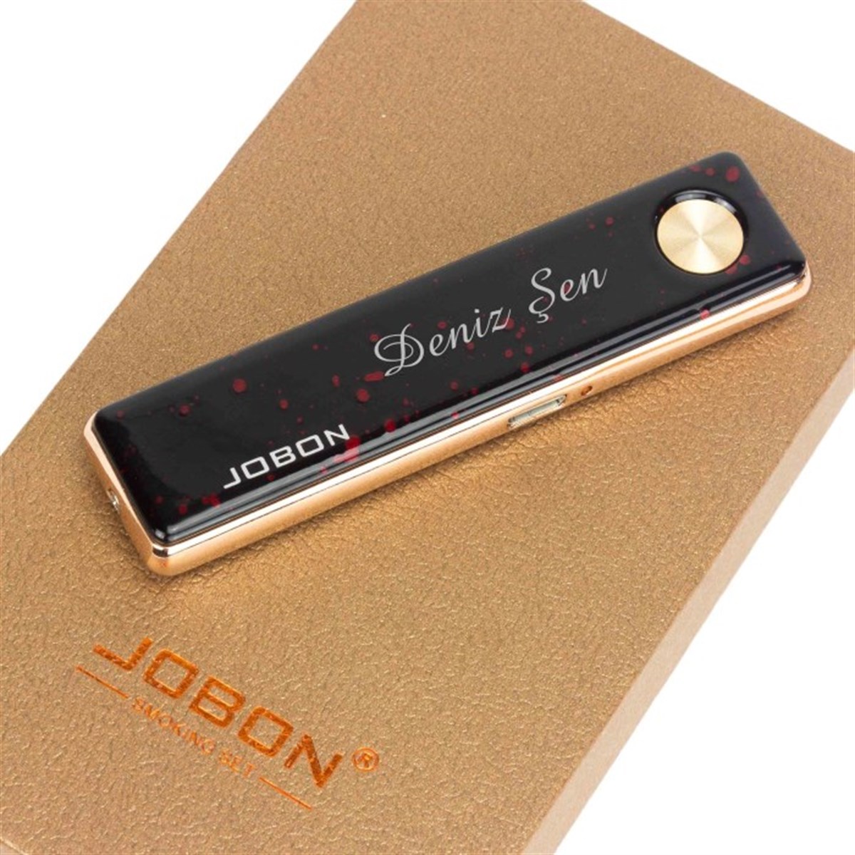İsme Özel Lüx Usb Şarjlı Rezistanslı Metal Çakmak Siyah Üzeri Kırmızı Benekli (E-ZB-162)