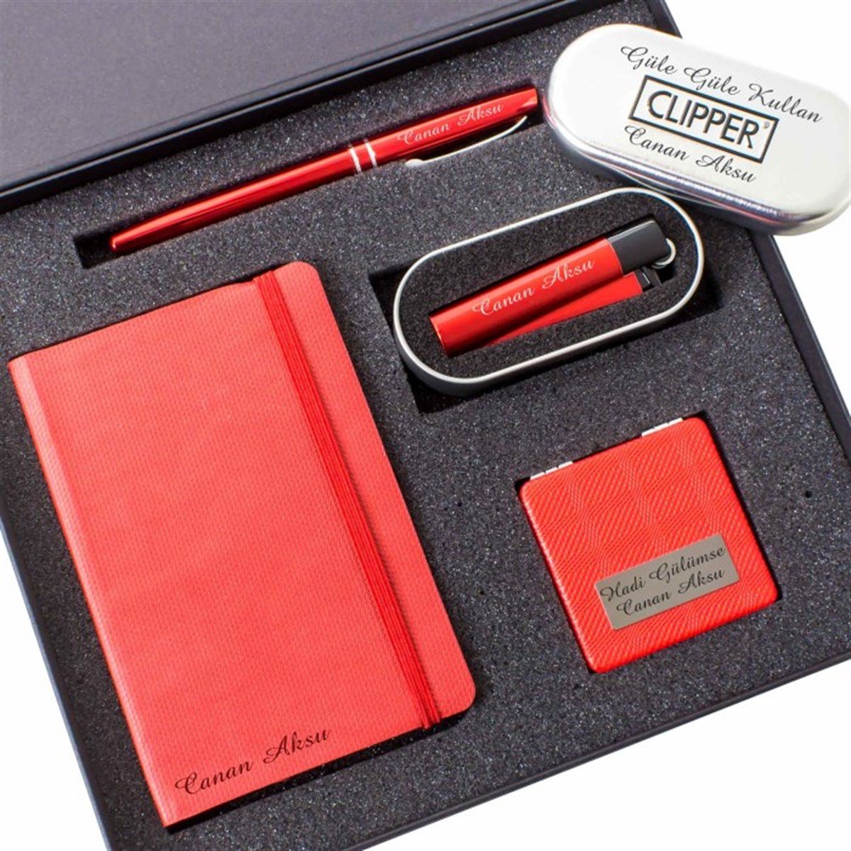 İsme Özel Premium Defter Kalem Ayna ve Çakmak Seti Kırmızı