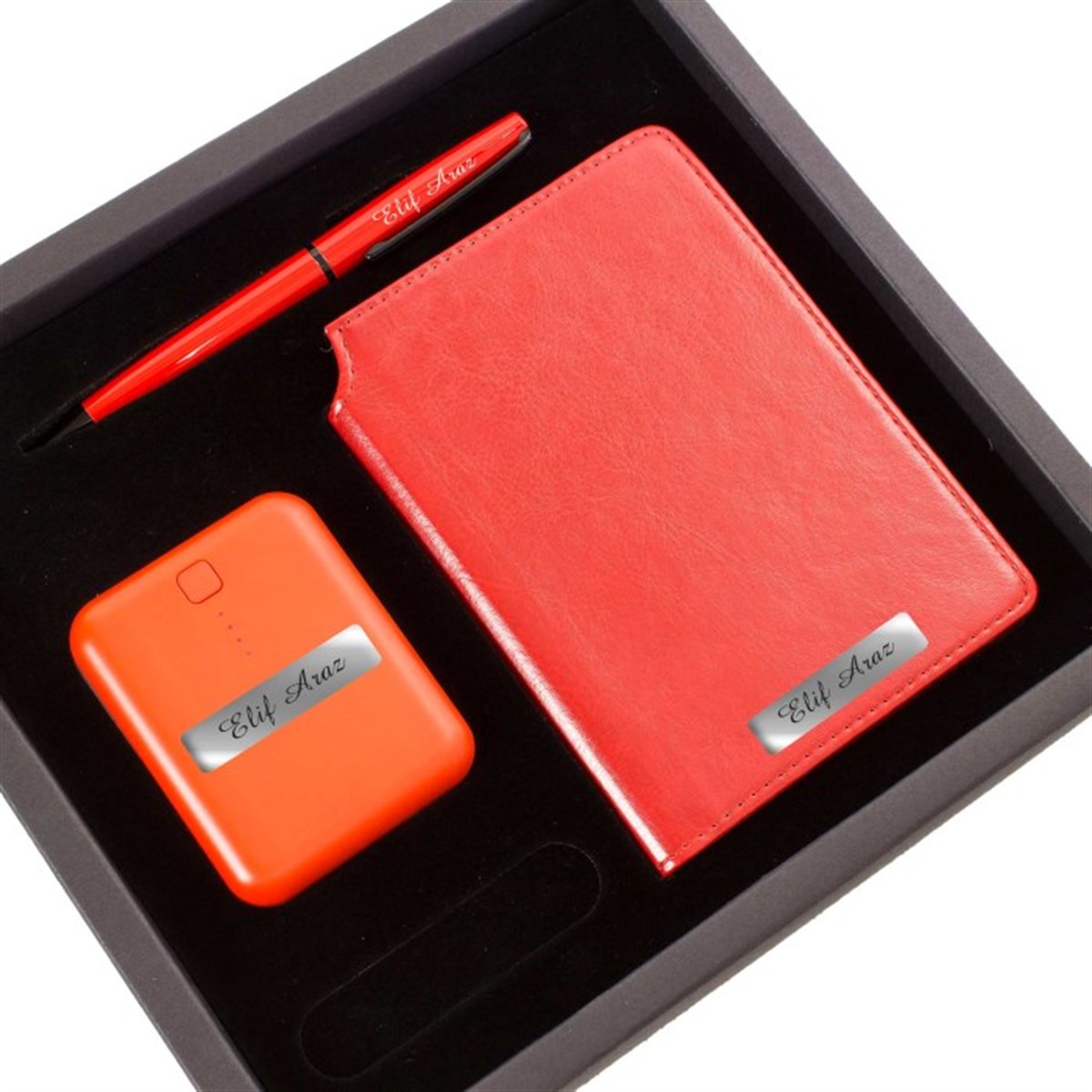 İsme Özel Premium Powerbank Defter ve Kalem Seti Kırmızı