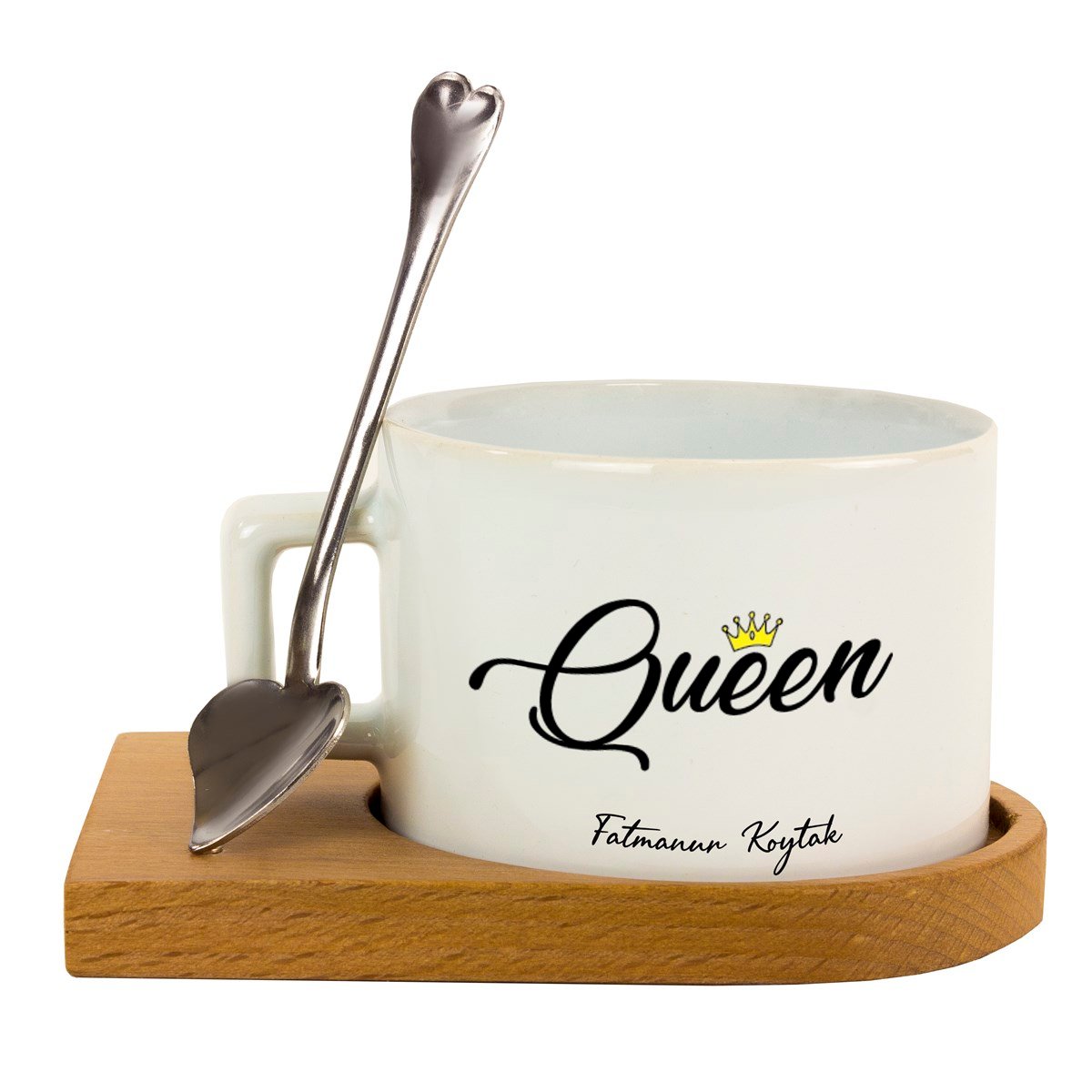 İsme Özel Queen Temalı Ahşap Tepsili Kahve Çay Fincanı Seti
