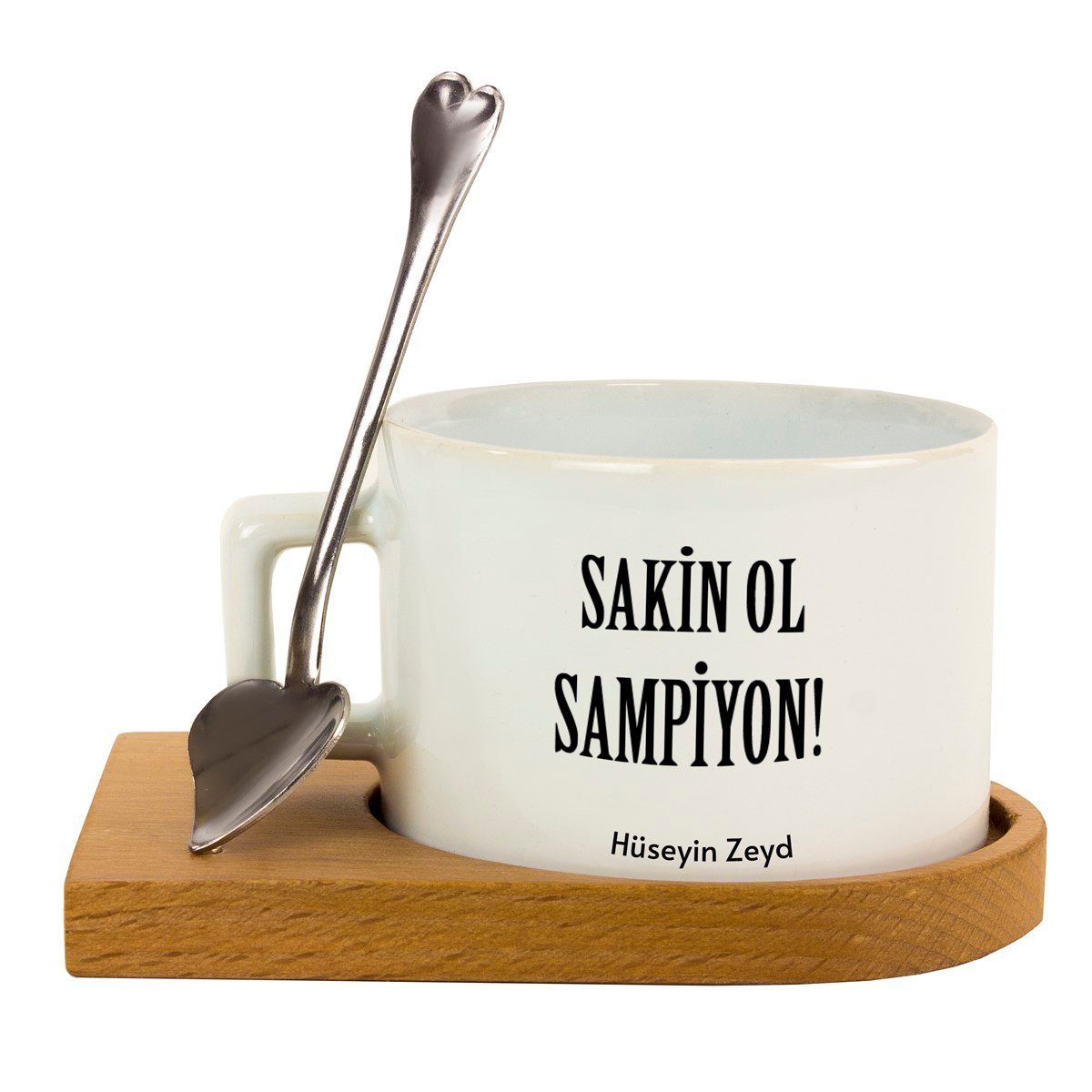 İsme Özel Sakin Ol Şampiyon Temalı Ahşap Tepsili Kahve Çay Fincanı Seti